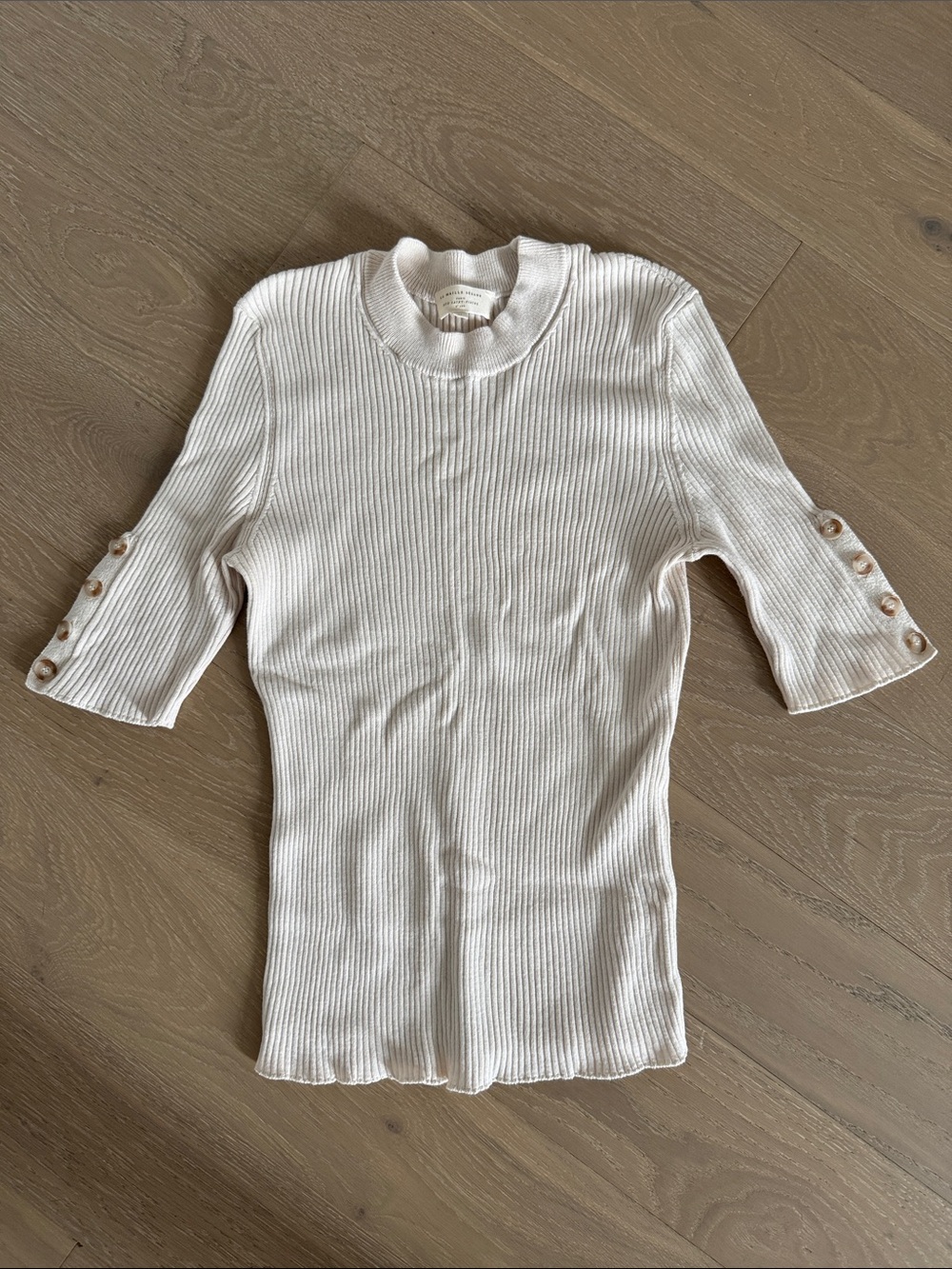 Sezane Ribbed Button-Sleeve Crewneck Sweater